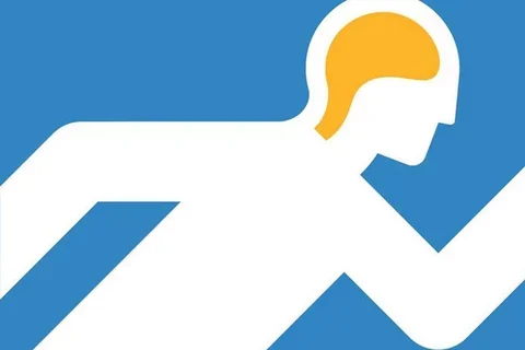 A stylized icon of a person running, depicted in white with a yellow head, set against a blue background.