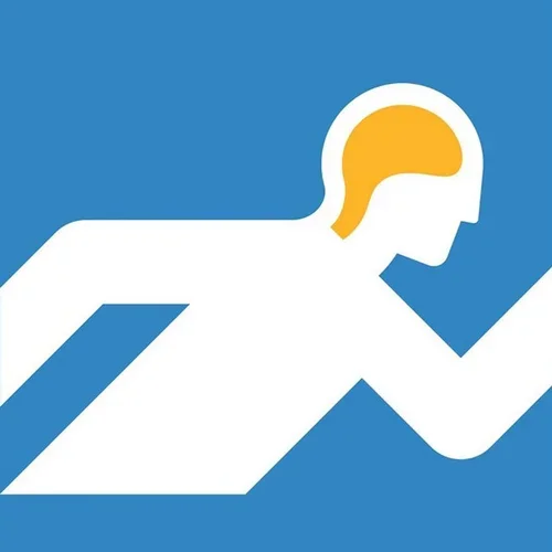 A stylized icon of a person running, depicted in white with a yellow head, set against a blue background.